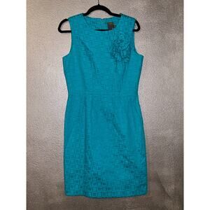 Taylor  Teal  Preppy Academia Textured  Floret  Sleeveless  Sheath  Dress  10
